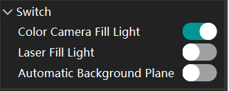 Color Camera Fill Light: Enhances surface texture recognition and provides color mapping. If it is disabled, it degrades texture stitching and color data quality. Keep enabled when using hybrid alignment or requiring color data. Laser Fill Light: Help recognizing markers. Manually enable it when using structured light or laser with hybrid alignment (requires markers).